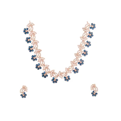 GEM FLOWER HANGED WITH DIAMOND LEAVES NECKPIECE