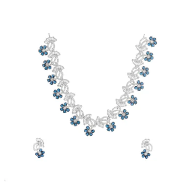 GEM FLOWER HANGED WITH DIAMOND LEAVES NECKPIECE