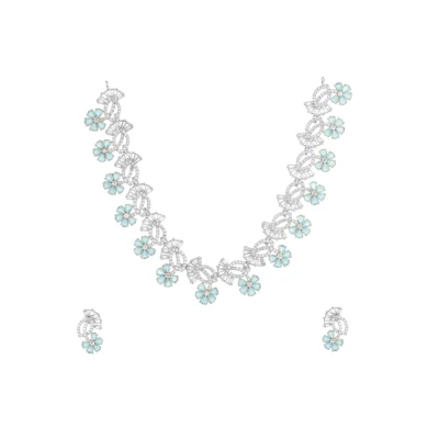 GEM FLOWER HANGED WITH DIAMOND LEAVES NECKPIECE