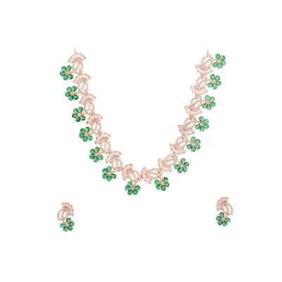 GEM FLOWER HANGED WITH DIAMOND LEAVES NECKPIECE