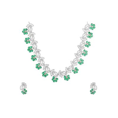 GEM FLOWER HANGED WITH DIAMOND LEAVES NECKPIECE