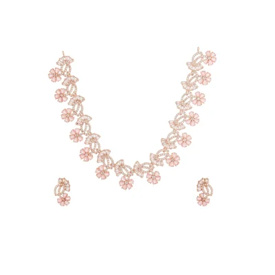 GEM FLOWER HANGED WITH DIAMOND LEAVES NECKPIECE