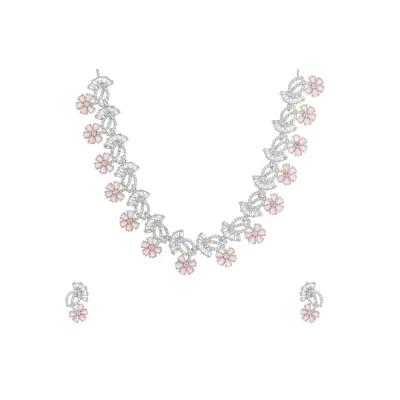 GEM FLOWER HANGED WITH DIAMOND LEAVES NECKPIECE