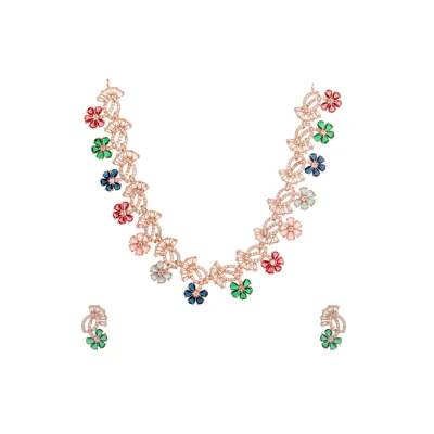 GEM FLOWER HANGED WITH DIAMOND LEAVES NECKPIECE