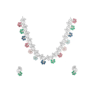 GEM FLOWER HANGED WITH DIAMOND LEAVES NECKPIECE