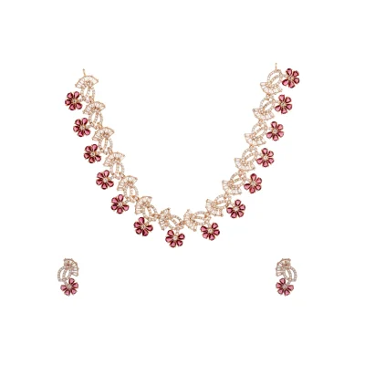 GEM FLOWER HANGED WITH DIAMOND LEAVES NECKPIECE