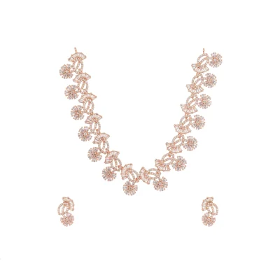 GEM FLOWER HANGED WITH DIAMOND LEAVES NECKPIECE